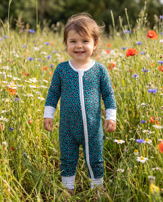Bamboo zip sleepsuit in cobalt blush leopard