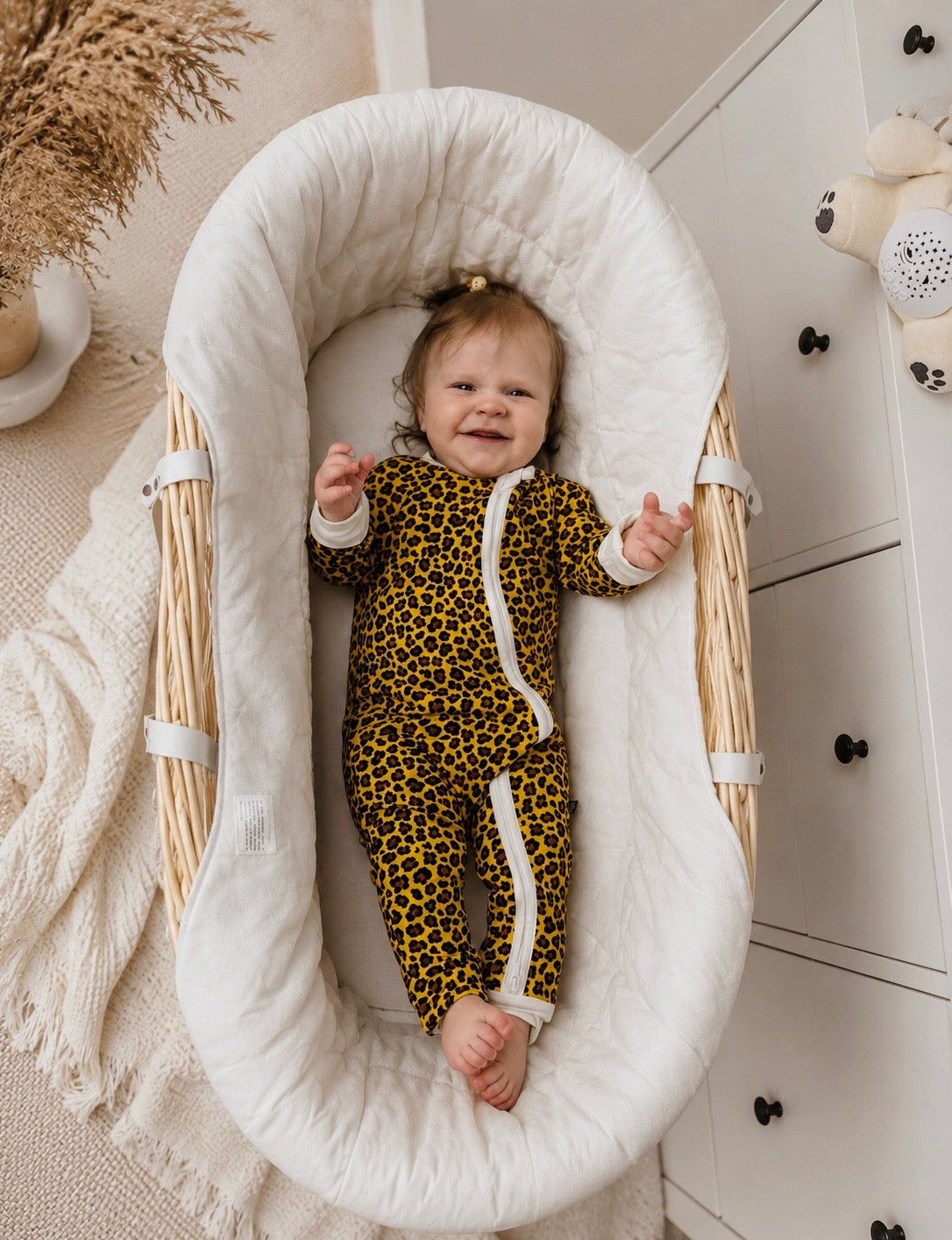 Bamboo zip sleepsuit in sand leopard