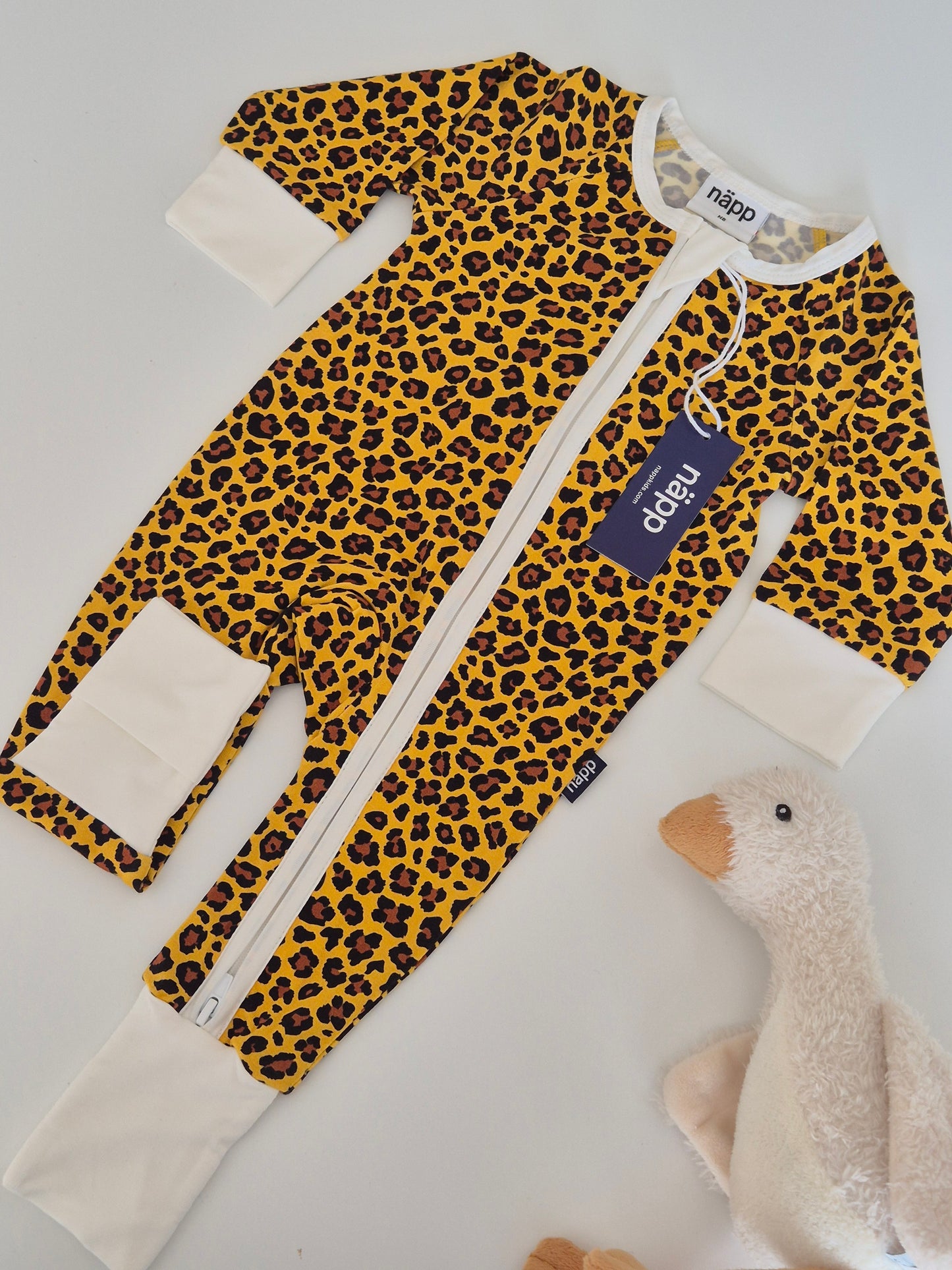 Bamboo zip sleepsuit in sand leopard