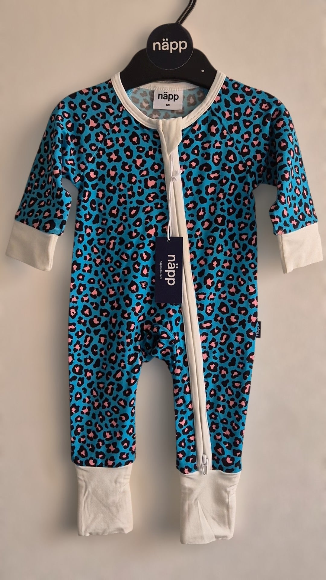 Bamboo zip sleepsuit in cobalt blush leopard