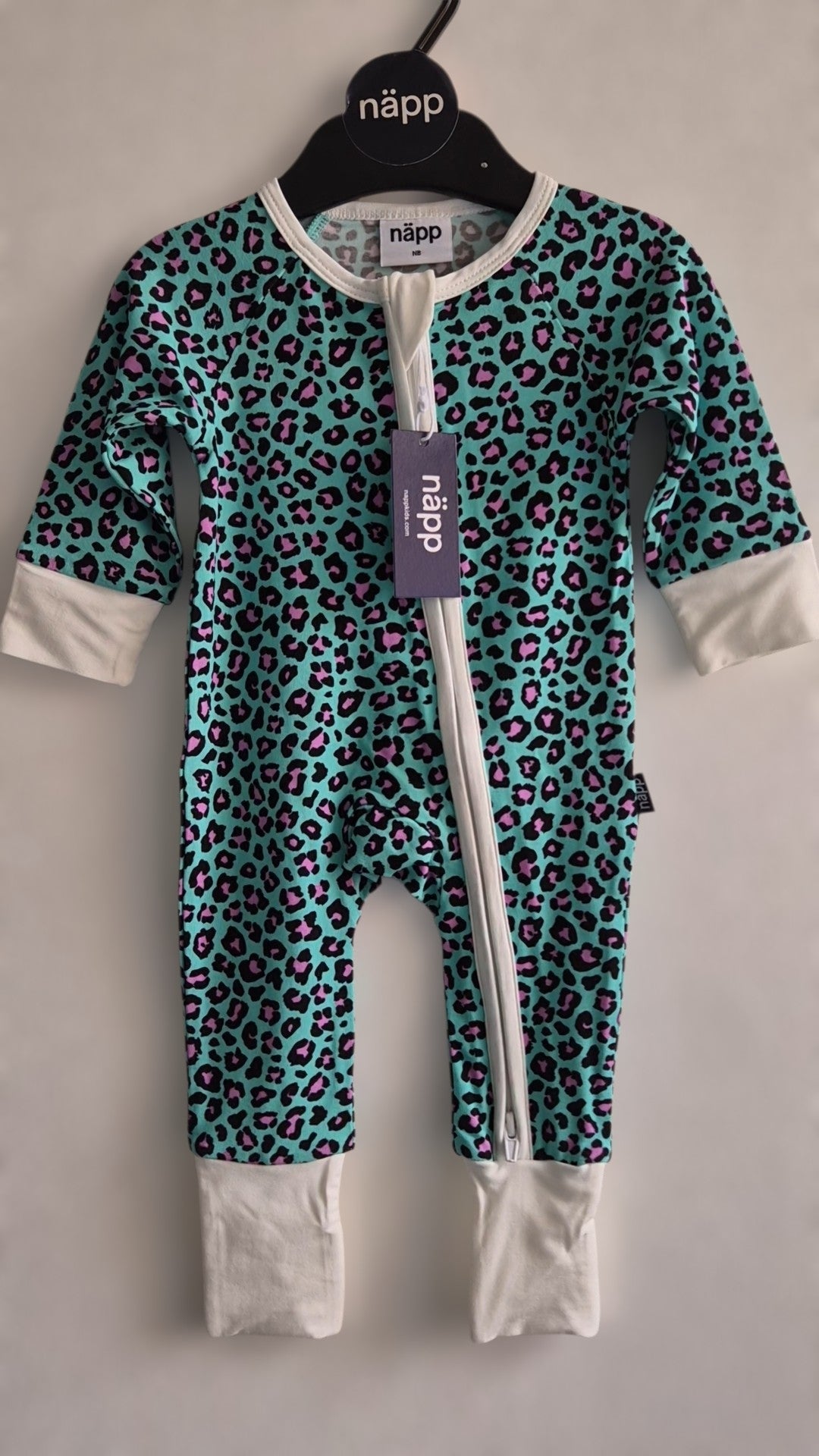Bamboo zip sleepsuit in forest orchid leopard