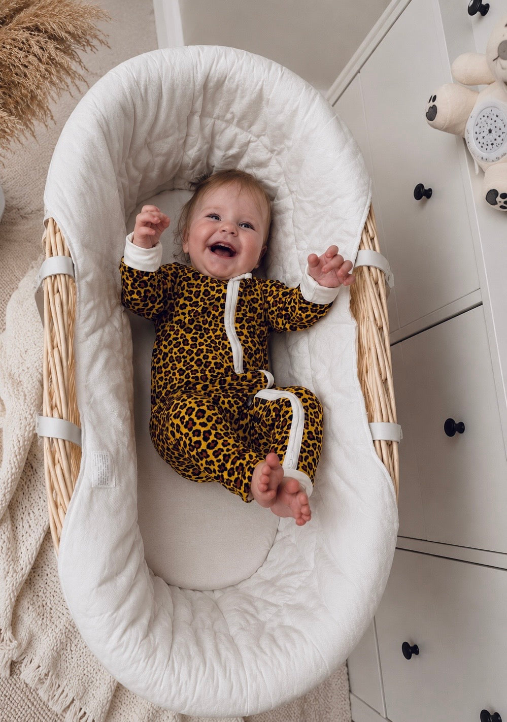 Bamboo zip sleepsuit in sand leopard