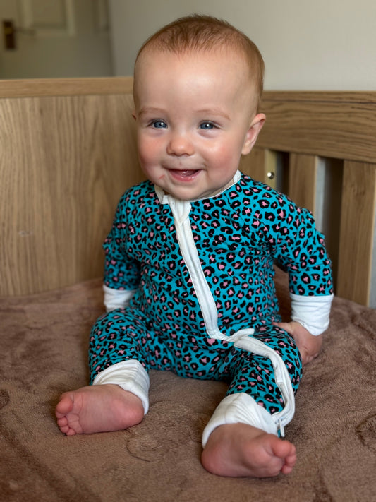 Bamboo zip sleepsuit in cobalt blush leopard