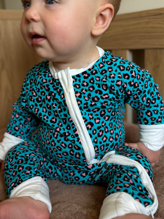 Bamboo zip sleepsuit in cobalt blush leopard