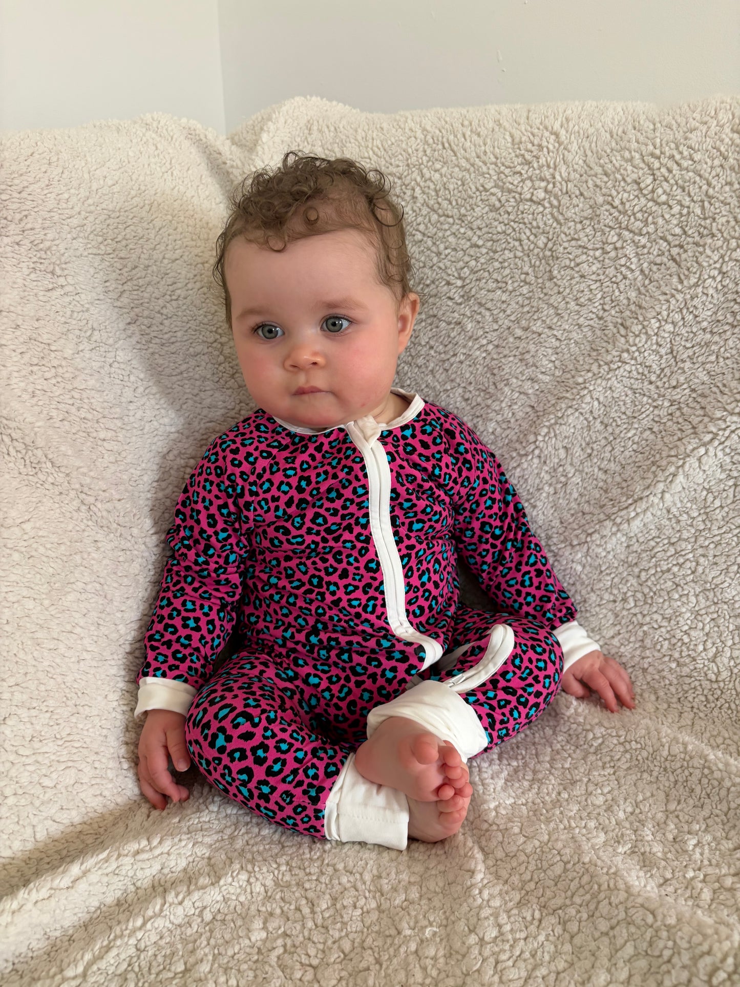 Bamboo zip sleepsuit in neon rose leopard