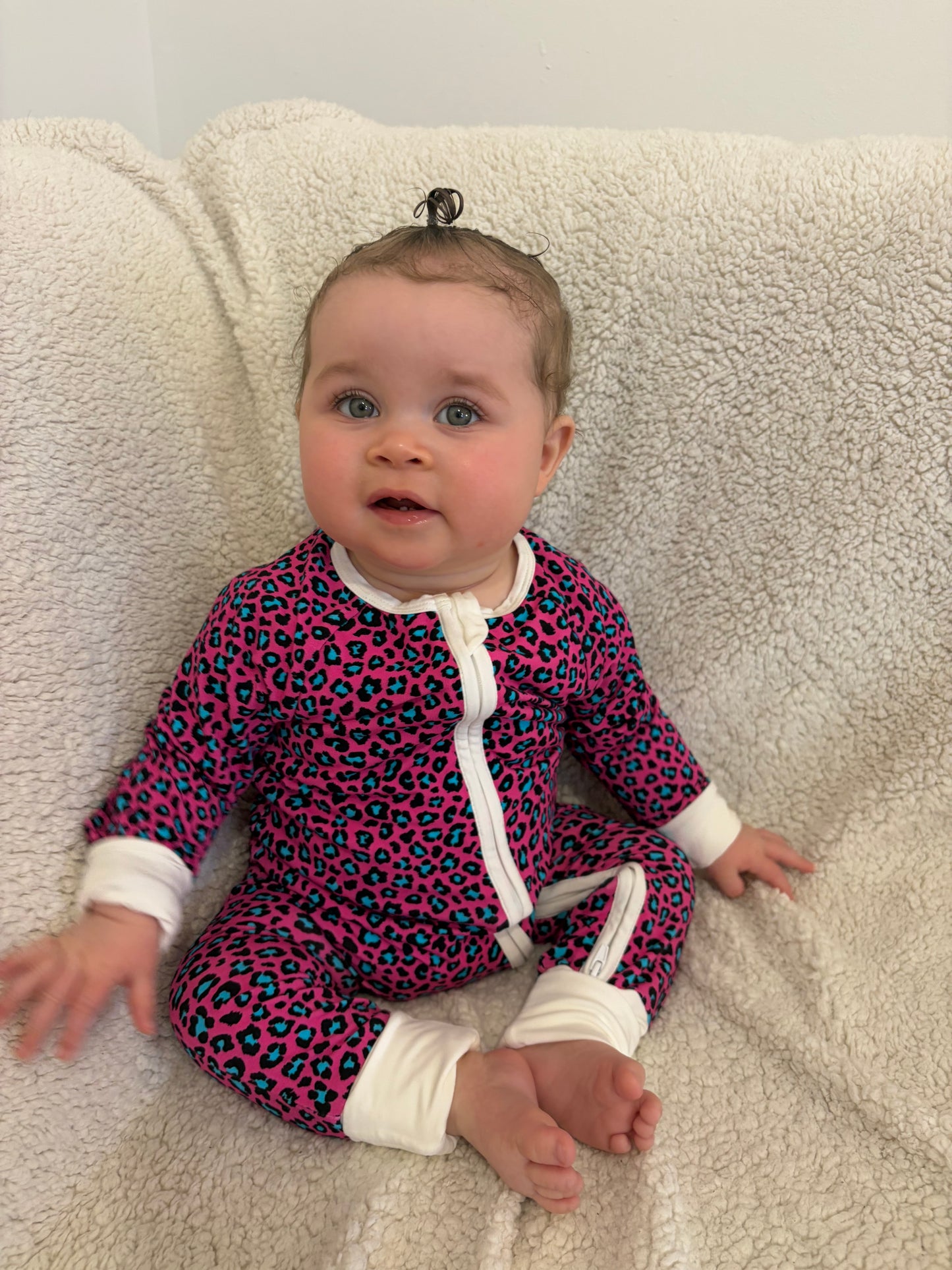 Bamboo zip sleepsuit in neon rose leopard