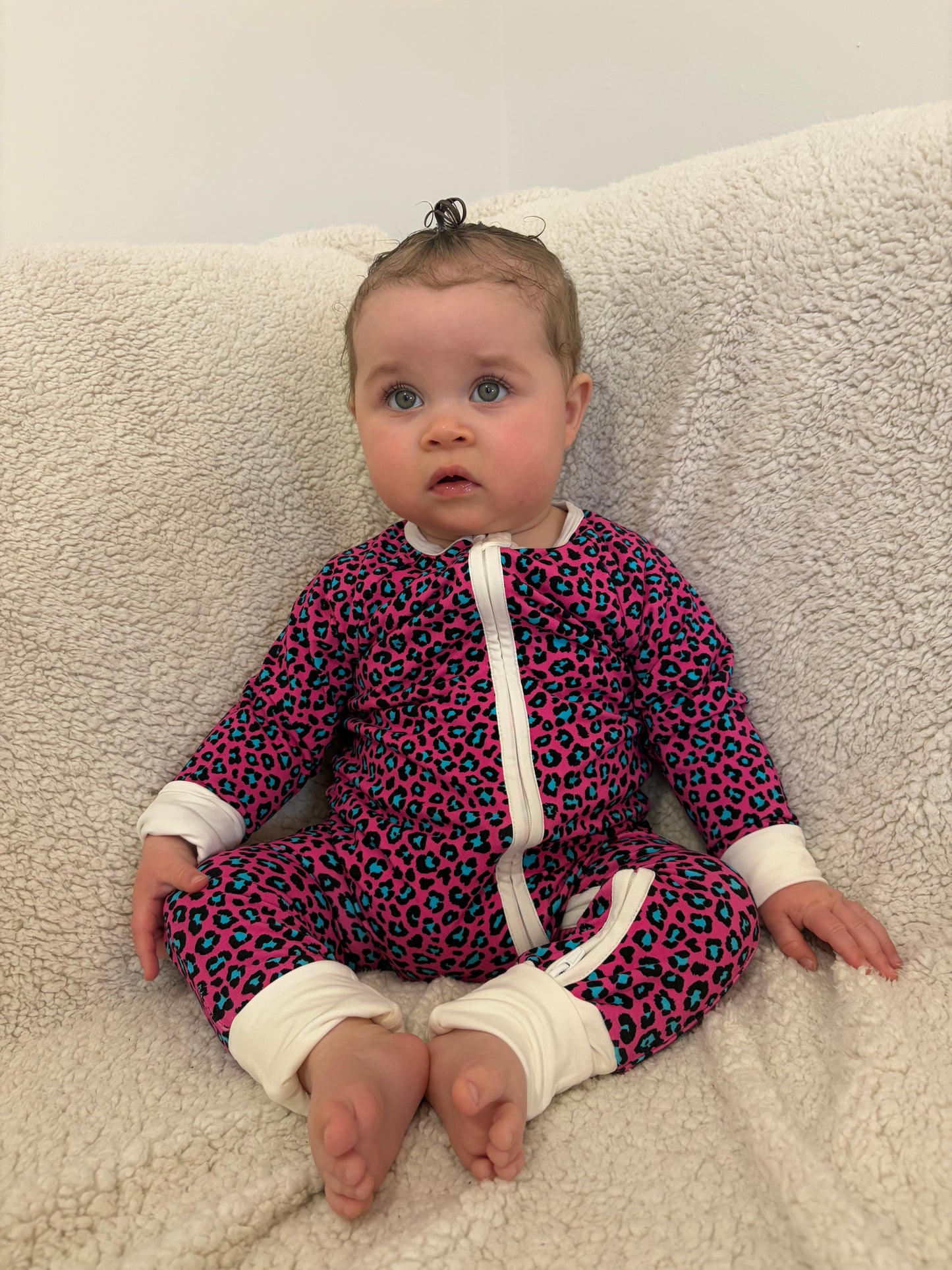 Bamboo zip sleepsuit in neon rose leopard