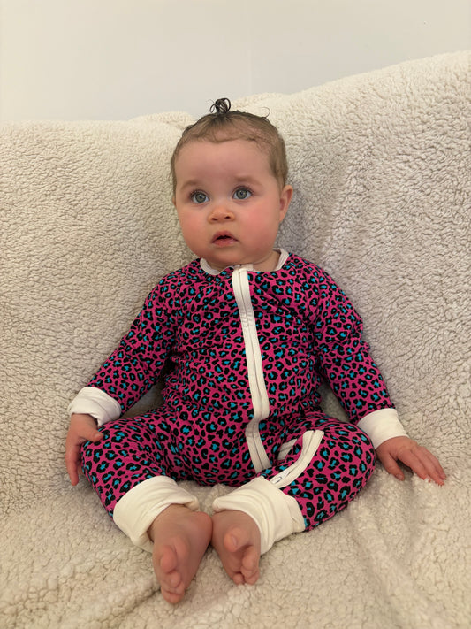 Bamboo zip sleepsuit in neon rose leopard