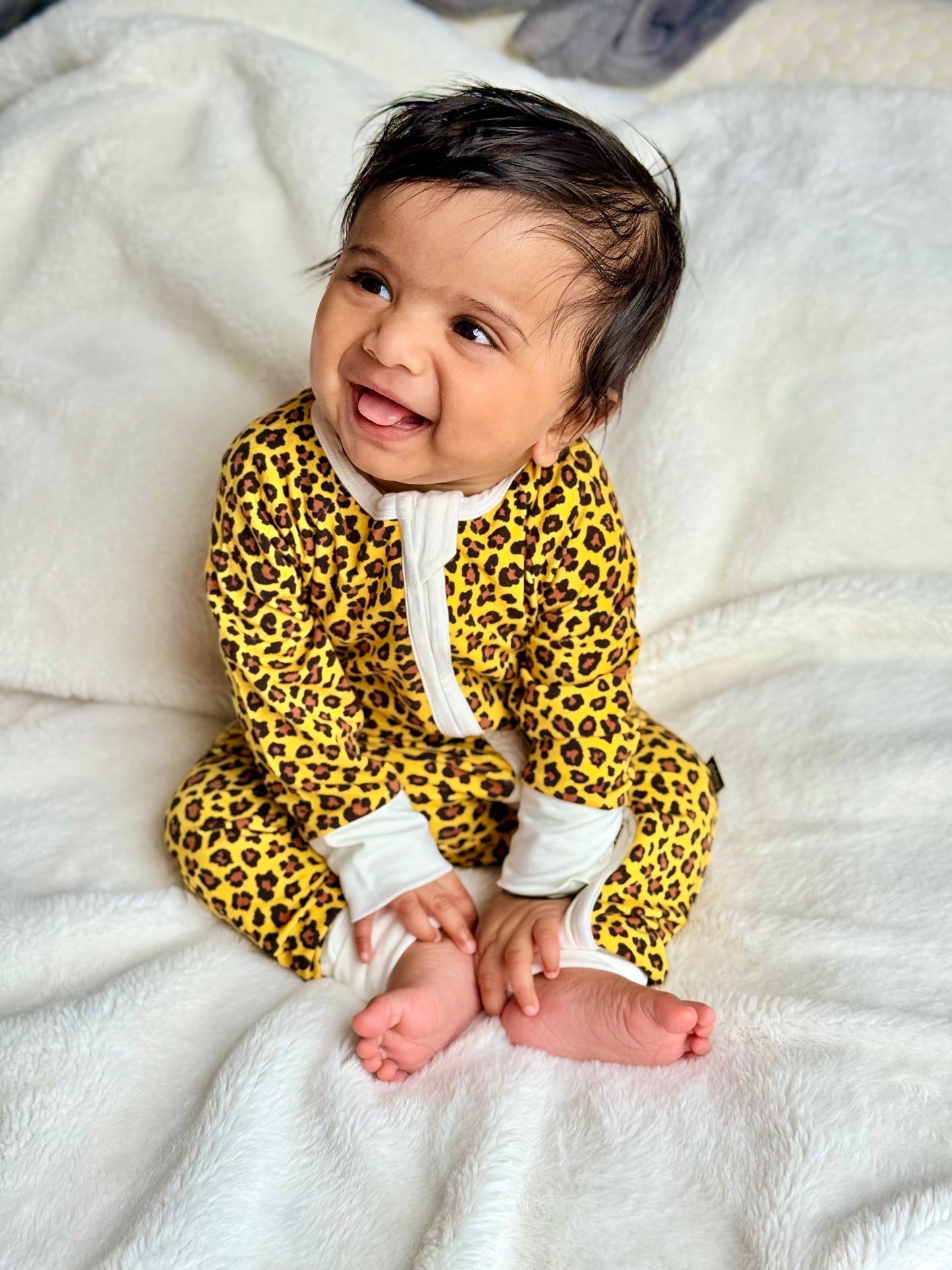 Bamboo zip sleepsuit in sand leopard