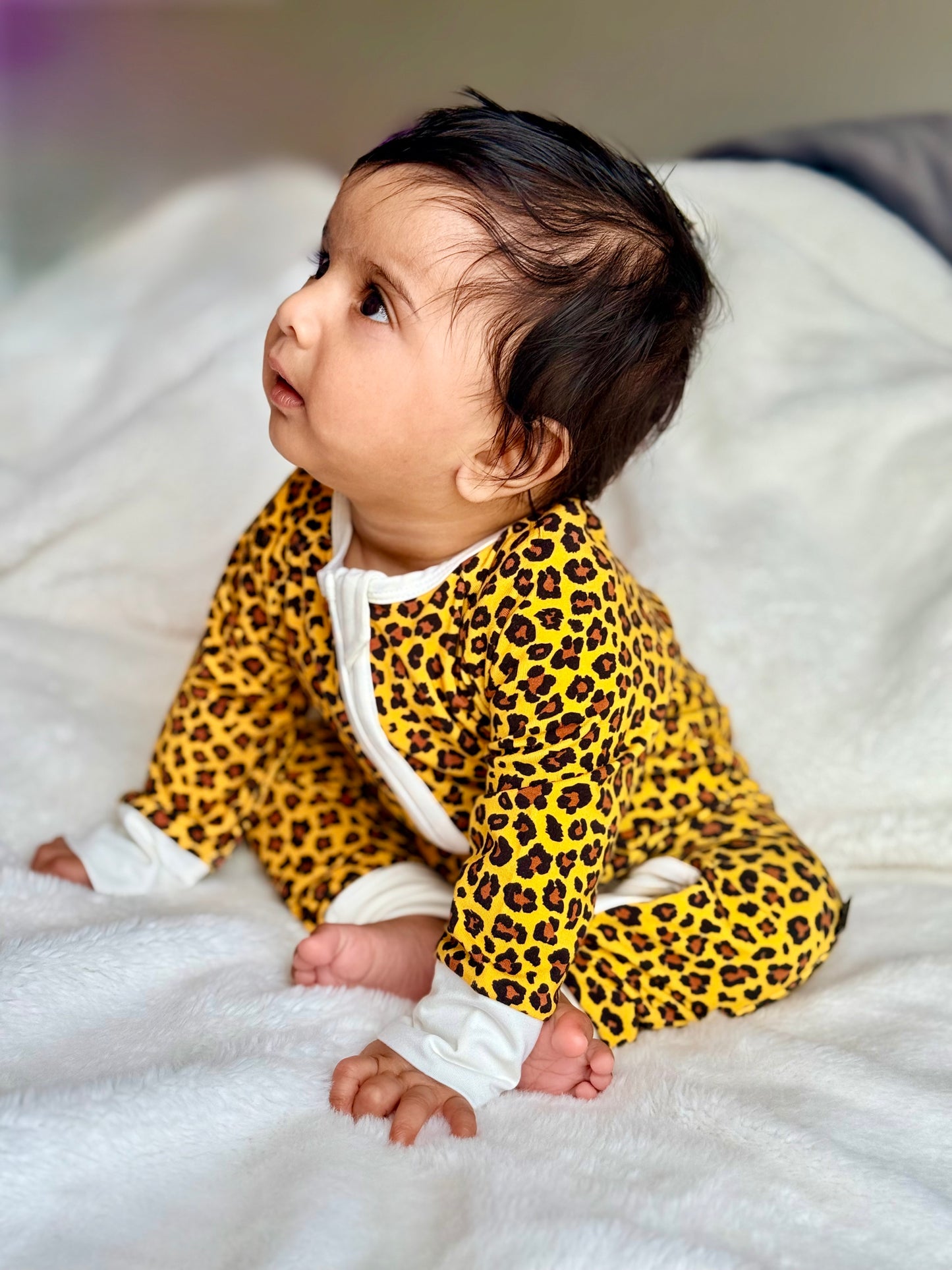 Bamboo zip sleepsuit in sand leopard