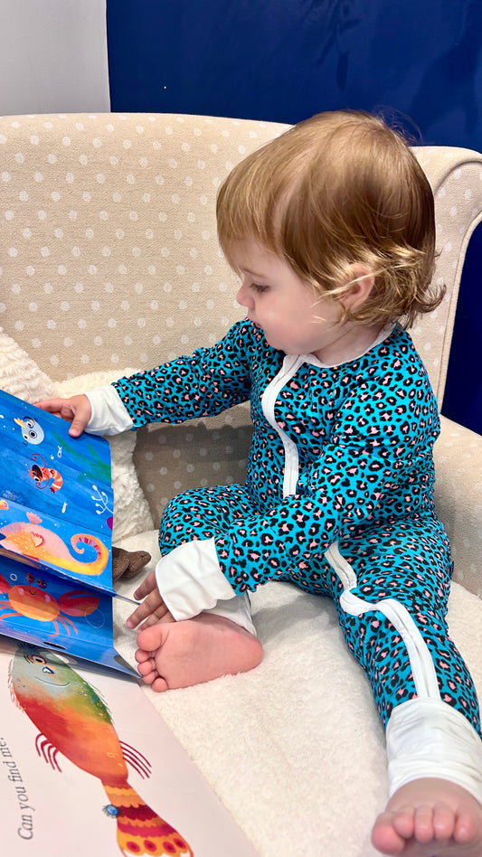 Bamboo zip sleepsuit in cobalt blush leopard
