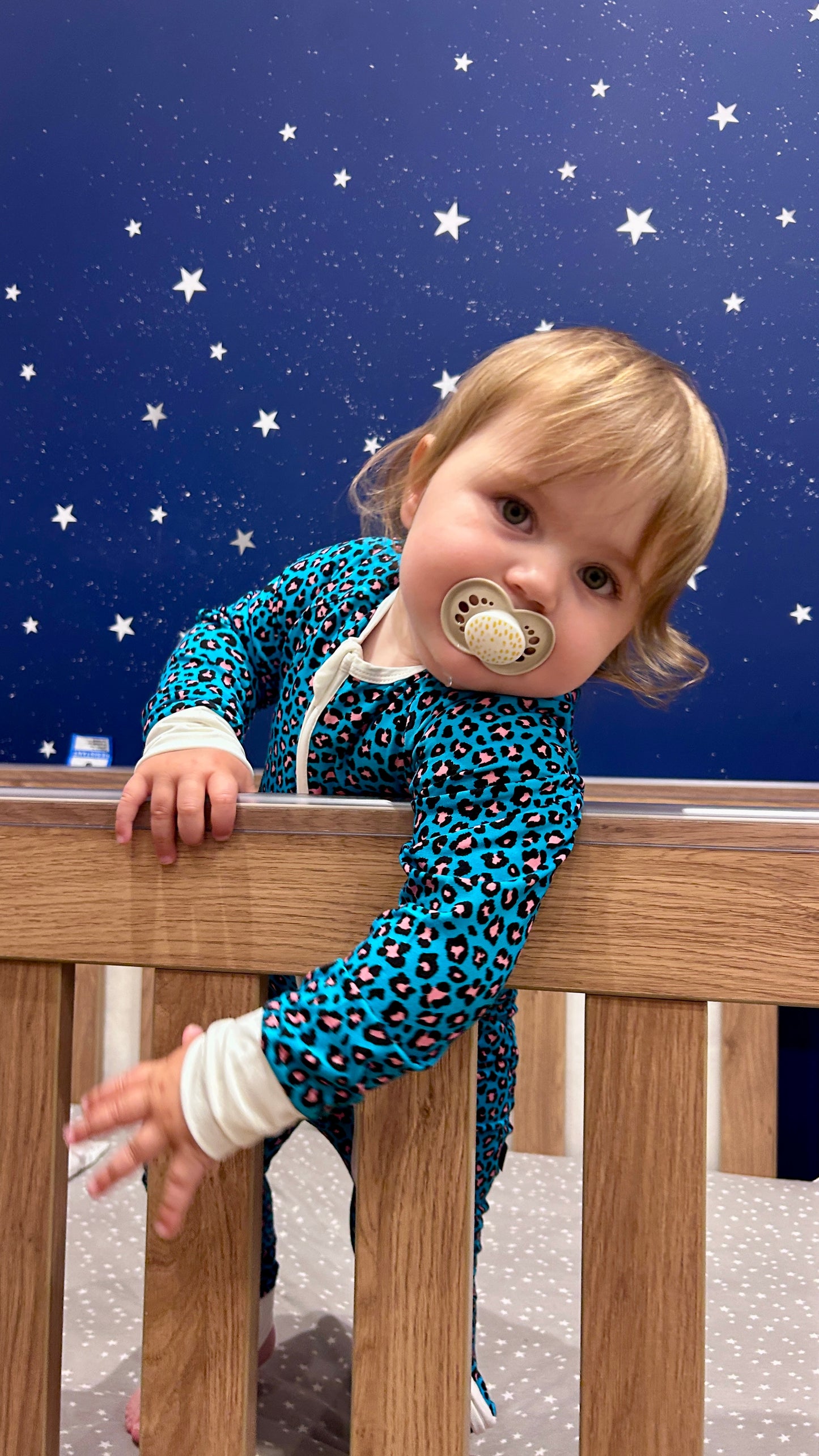 Bamboo zip sleepsuit in cobalt blush leopard