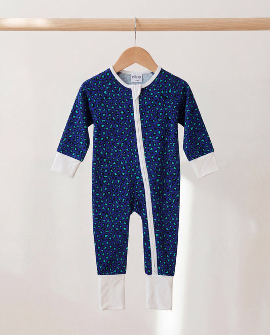Bamboo zip sleepsuit in midnight leopard