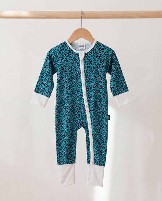 Bamboo zip sleepsuit in cobalt blush leopard
