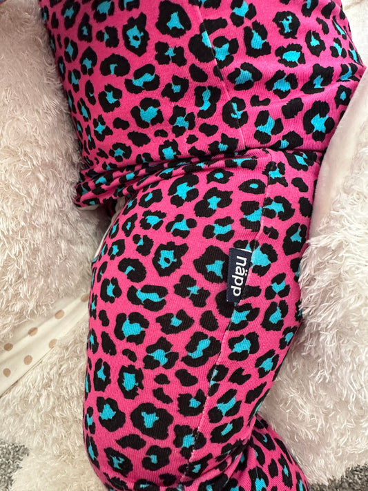 Bamboo zip sleepsuit in neon rose leopard