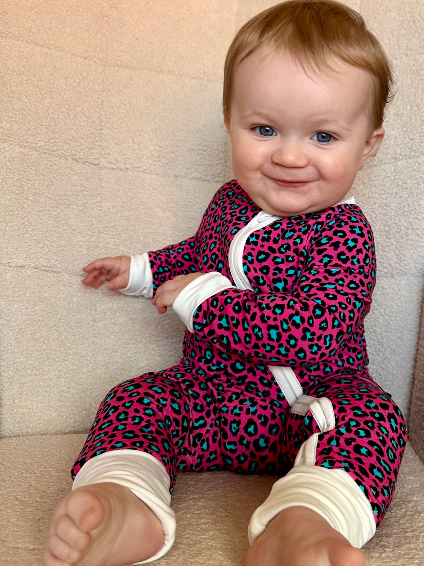 Bamboo zip sleepsuit in neon rose leopard