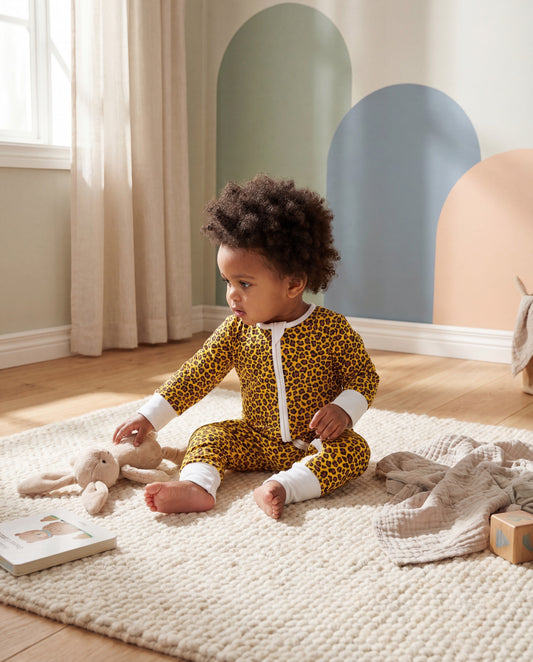 Bamboo zip sleepsuit in sand leopard