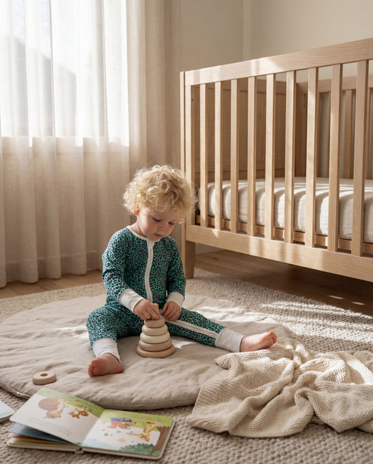 Bamboo zip sleepsuit in forest orchid leopard